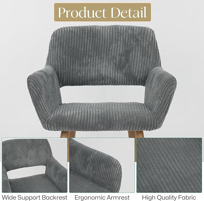 HENJIANYI Home Office Corduroy Desk Chair, Makeup Vanity Chair, Comfy Accent Armchair with Wood Grain Metal Legs, Cute Dining Chair with Hollowed Back, Dark Gray