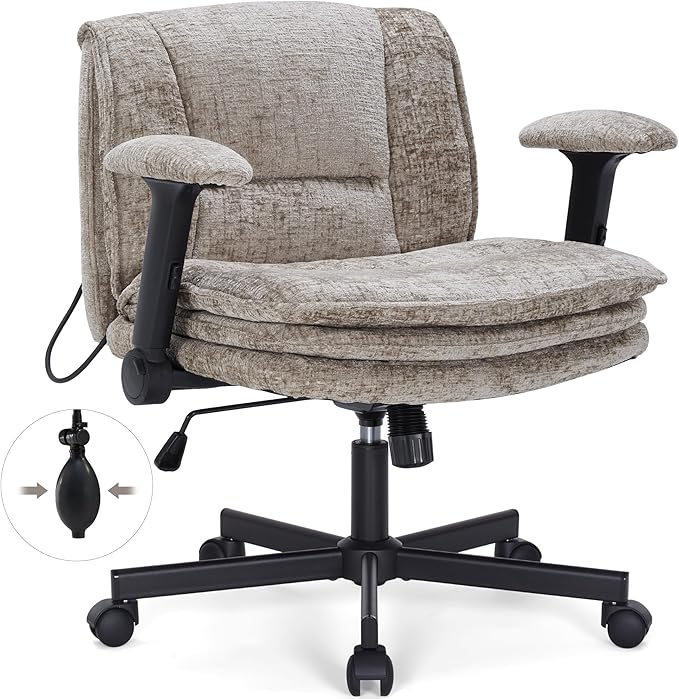 Criss Cross Chair with Wheels and Flip Arms, Upholstered Cross Legged Office Chair with 3 Layer Cushions&Dynamic Airbag Lumbar Support, Wide Seat Comfy Desk Chair for Home Office, Living Room, Khaki