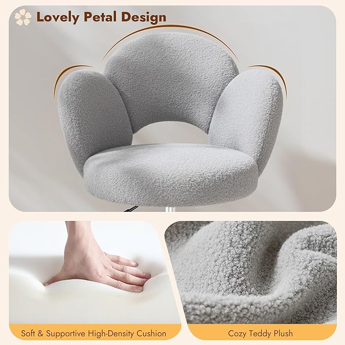 Petal Vanity Chair, Cute Vanity Chair with Wheels, Height Adjustable, Velvet Desk Chair for Study, Makeup & Relaxation, Grey