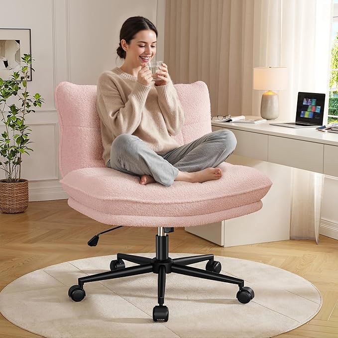 Criss Cross Chair with Wheels, 7" Extra Thick Cross Legged Office Chair, Height Adjustable Swivel Design for Home Office, Study & Vanity,Pink