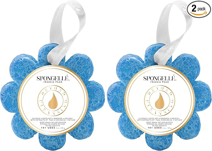 Spongelle Freesia Pear Wild Flower Buffer Body Scrubber | Bath & Shower Loofah for Women | Exfoliator with Body Wash Infused Sponge-| 14+ uses,(Pack of 2)