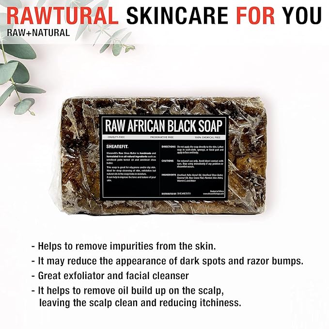 Sheanefit Raw African Black Soap Bar - For All Skin Types - Face, Body, Hair Soap Bulk Bars (15 Ounce (Pack of 2))