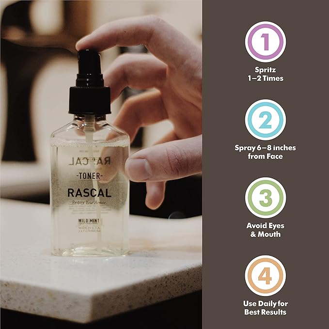 Rascal Face Toner for Men - Sage Oil, Beetroot & Caffeine to Reduce Wrinkles and Clear Away Impurities (3.4 Fl Oz)