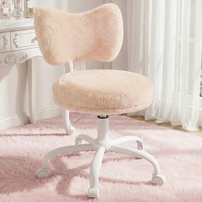 Vanity Chair with Wheels, Cute Desk Chair with Bow Backrest, Fluffy Faux Rabbit Fur Small Office Chair for Vanity, Make-up Room, Bedroom, Dorm, Height Adjustable, Orange Pink