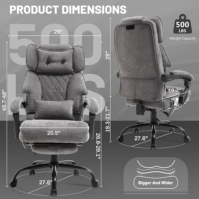 Massage Office Chair with Foot Rest,Kneading & Heat Executive Office Chairs for Heavy People,500LBS Big and Tall Office Chair,Ergonomic Reclining Desk Chair,Dual-Use Pillow,Home Office,GreyCloth
