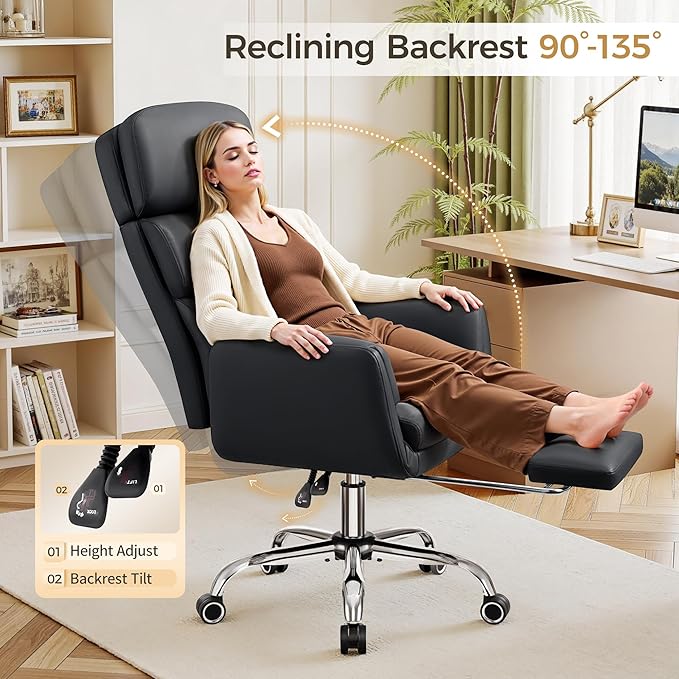 Big and Tall Office Chair 500LBS, Ergonomic High Back Leather Executive Chair, Reclining Swivel with Adjustable Armrests Lumbar Support Footrest, Cross Legged, Black