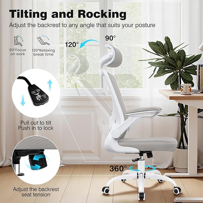 Office Desk Chair, Ergonomic Mesh Office Chair with Adjustable Lumbar Support, Headrest, Flip-up Armrests, Comfortable Computer Chairs for Home, Work, Gaming, (Light Gray, 4 Pack)