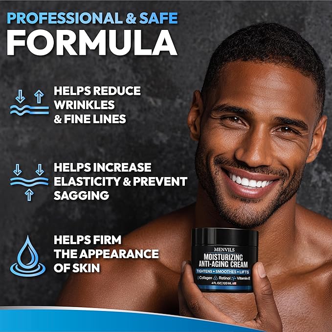 Mens Face Moisturizer Cream - Anti Aging & Wrinkle Repair - After Shave Lotion for Men with Collagen, Retinol, Vitamins E, Jojoba Oil - Age Facial Skin Care - Lightweight Day & Night Cream - 4 oz