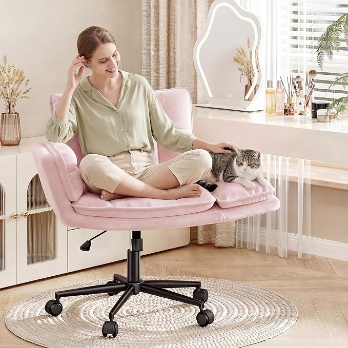 Criss Cross Chair with Wheels, Pink Desk Chair with Adjustable Armrests, Vanity Chair with Back for Bedroom, Makeup Room and Office Room