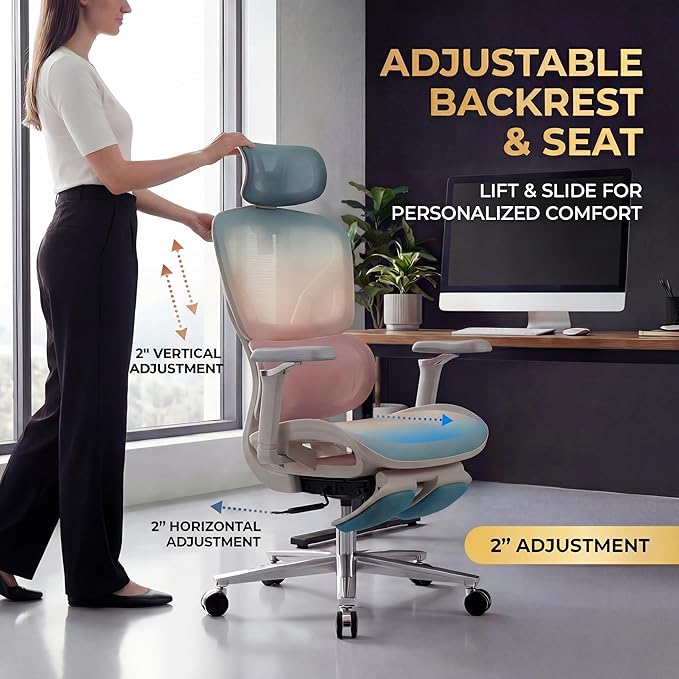 Ergonomic Office Chair with Footrest & Massage Lumbar Support – Adjustable Seat Depth & Back Height Reclining Big and Tall 400LBS Mesh Chair, 4D Headrest & 6D Armrests, for Home Office(Gray Rainbow)