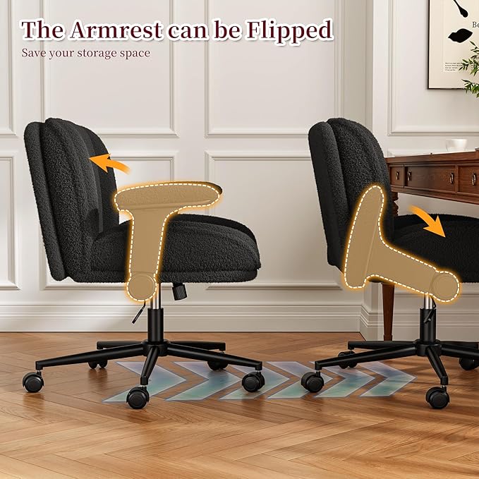 Desk Chair with Arms, Wide Ergonomic Office Chair with Thickened Seat Cushion, Cross Legged Office Chair for Home Office, Bedroom, Study Room, Plush Fabric, Black