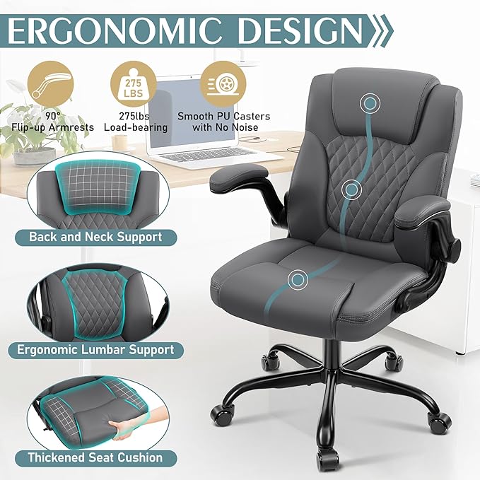 Leather Office Chair, PU Home Computer Desk Chairs with Ergonomic Back Support, 360°Swivel Free，Small Gaming Chair with Wheels and Adjustable Armrests, for Short People Use