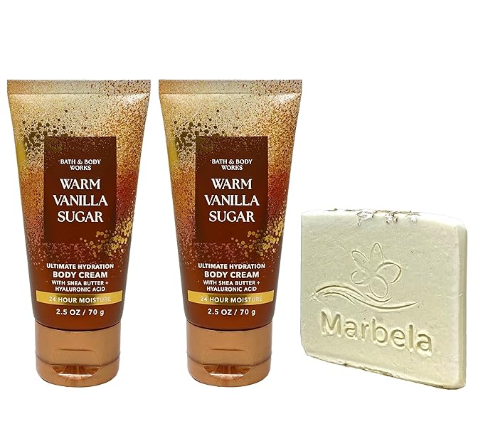 Bath & Body Works Warm Vanilla Sugar 2 Pack Mini Body Cream Bundle with a Natural Oats Sample Soap - Travel Size