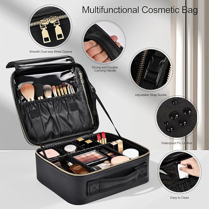 Travel Makeup Bag with Brush Holder, Professional Cosmetic Train Case Organizer for Women, Portable Travel Makeup Brush Carry Case Cosmetic Artist Storage Box with Adjustable Dividers, Leather Black