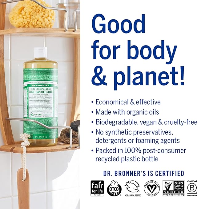 Dr. Bronner's Pure-Castile Magic Soap Liquid (Almond, 16 Ounce) - Made with Regenerative Organic Certified Oils, 18-in-1 Uses: Face, Body, Hair, Laundry, Pets and Dishes, Concentrated, Vegan, Non-GMO
