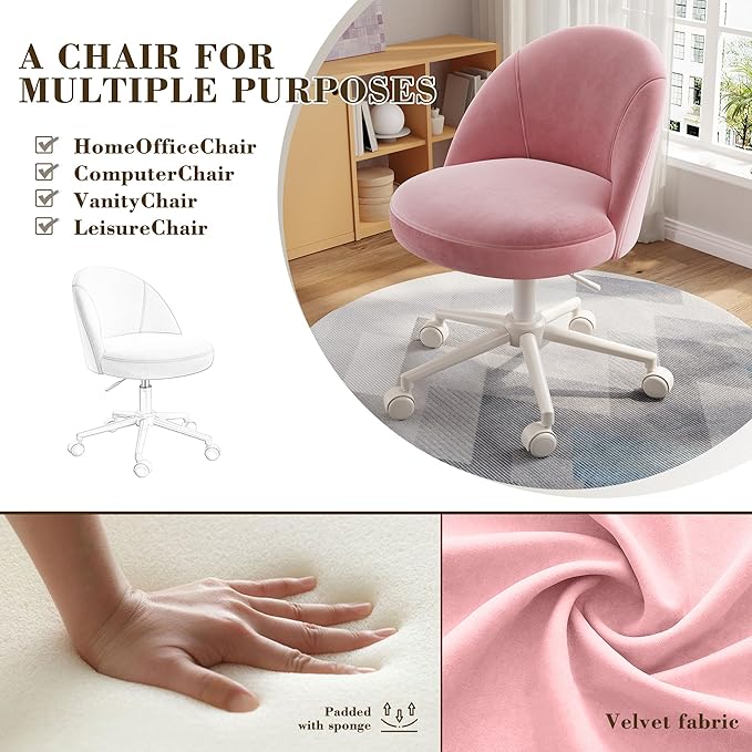 EnHomee Vanity Chair with Wheels, Comfy Office Chair with Back, Cute Desk Chair for Bedroom, Home Office, Makeup Room,Armless,Gentle Pink
