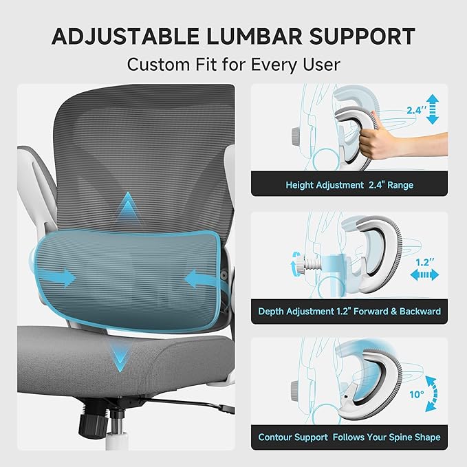 Ergonomic Office Chair, 330LBS Desk Chair with 3-Level Lumbar Support & Headrest, Breathable Mesh Backrest, Flip-Up Armrests for Home Office and Gaming, White and Gray