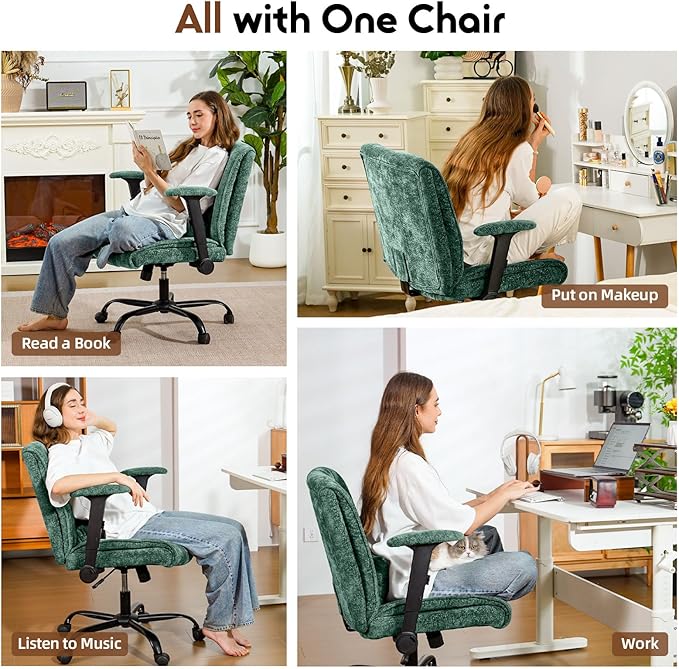 Criss Cross Chair with Wheels & Flip Arms, Wide Cross Legged Office Chair with Adjustable Tilt Criss-Cross Desk Chair with Lumbar Support for Home Office, Bedroom, Apartment Green