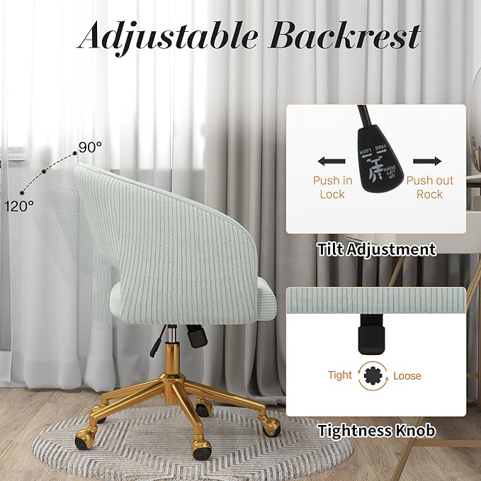 Home Office Swivel Desk Chair, Modern Corduroy Vanity Chair, Height Adjustable Armchair with Gold Base, Ergonomic Office Chair for Task Study Computer Room, Light Blue