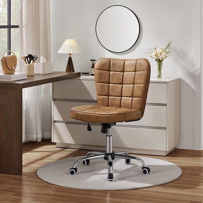 Yaheetech Armless Desk Chair Modern Tufted Office Chair Faux Leather Upholstered Computer Chair with Adjustable Seat Height and Rolling Wheels for Home/Office, Retro Brown