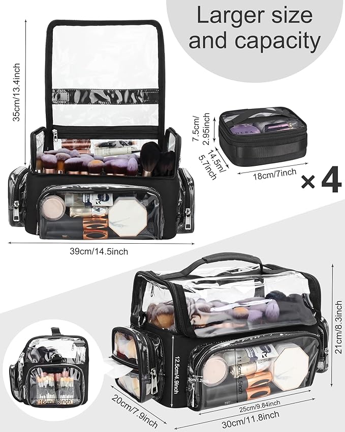 Makeup Brush Case With 4 Mini Bags, Extra Large Makeup Brush Bag XL Professional Makeup Artist Must Haves Travel Case with Stand Up Brush Slots Cosmetic Organizer Bag,with Adjustable Strap