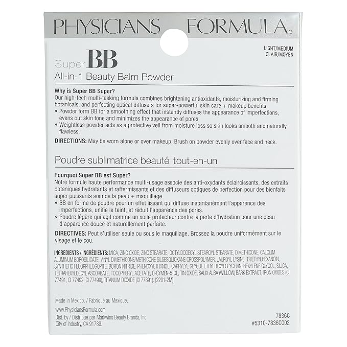 Physicians Formula Super BB Cream All-in-1 Beauty Balm Powder Light/Medium | Dermatologist Tested, Clinicially Tested