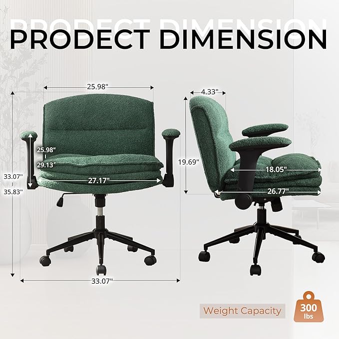 Dowinx Criss Cross Chair with Adjustable Flip-up Arms and Wheels, Comfort Ergonomic Office Desk Armchair with 3 Layer Cushions, Wide Seat Vanity Chair for Home Office, Living Room, Bedroom, Green