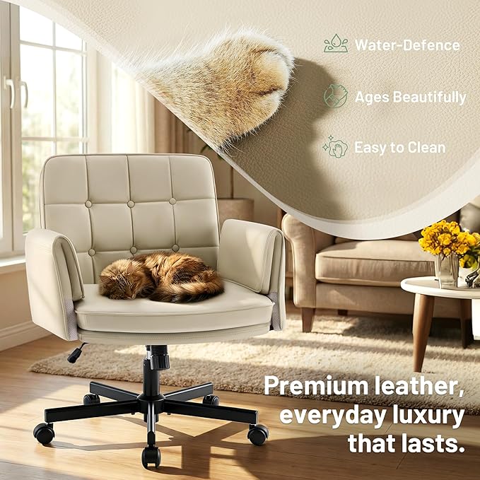 Criss Cross Chair with Wheels - PU Leather Comfy Wide Seat Criss Cross Desk Office Chair with Armrests - Comfortable Swivel Rolling Tilting Vanity Chair with Back for Home Office Makeup Bedroom