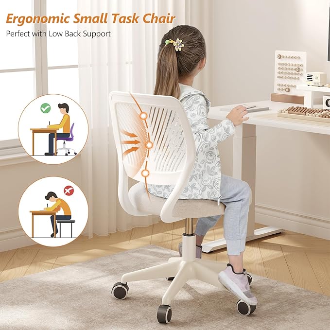 Armless Desk Chair Swivel Office Rolling Chair with Soft Padded Cushion, Height Adjustable Small Task Chair, Ergonomic Study Computer Chair for Kids Girls Boys Teens (White, 1PC)