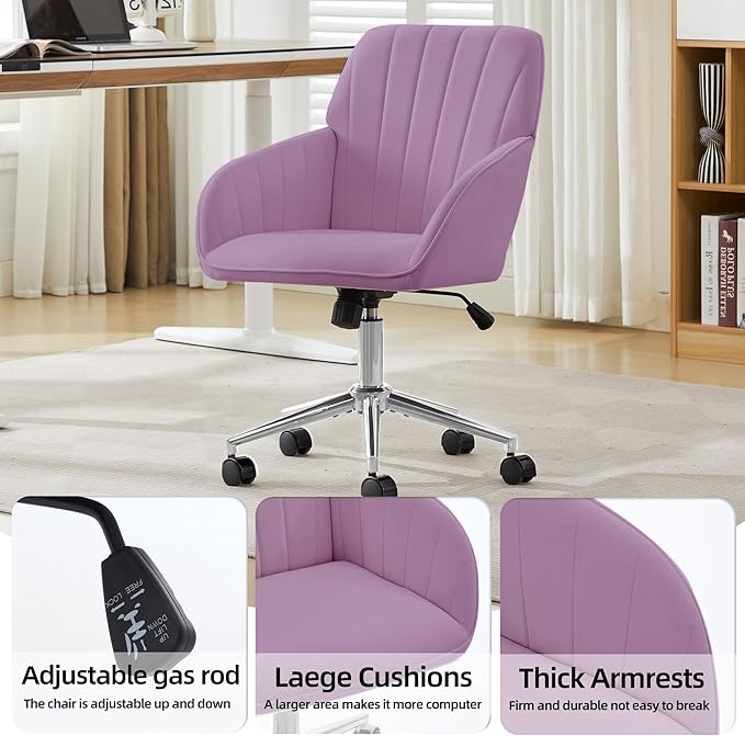 YITAI Velvet Office Desk Armchairs with Silver Base and Wheels,Modern Height Adjustable 360 Degree Swivel Upholstered Vanity Chairs for Living/Room Bedroom/Study,Light Purple