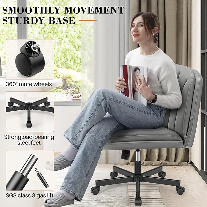 FelixKing Criss Cross Chair with Wheels, Cross Legged Office Chair, Armless Wide Vanity Desk Chair with Comfty PU Leather & Back - Swivel Height Ajustable for Home Office Bedroom, Gray