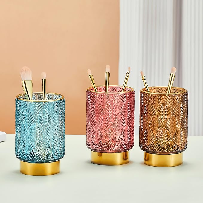 Makeup Brush Holder Organizer,Toothbrush Holders,Desk Pen Pencil Holder,Multifunctional Vintage Glass Brush Cup（A42-4-US）