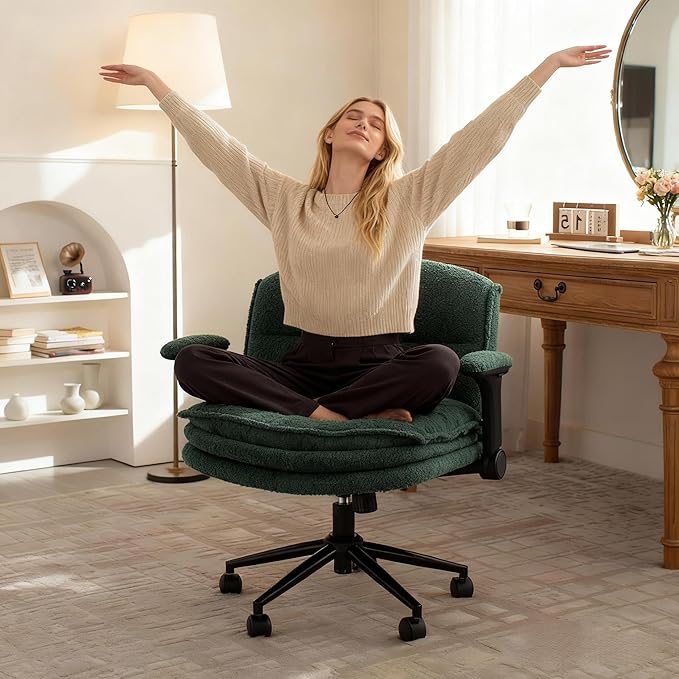 Dowinx Criss Cross Chair, Ergonomic Office Desk Chair with Adjustable Flip-Up Arms and Wheels, Wide Seat Armchair with 3-Layer Cushions for Home Office, Living Room, or Bedroom – Deep Green