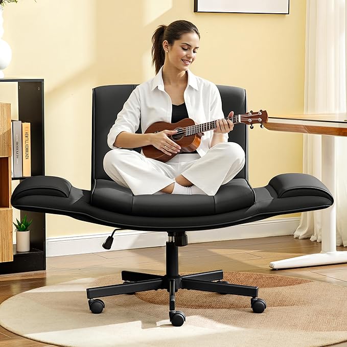 Criss Cross Chair with Wheels & Armrests,Comfy Wide Vanity Chair,Scratch-Resistant Pu Leather Cross Legged Desk Chair,Height Adjustable Computer Office Desk Chairs for Home,Makeup,Bedroom