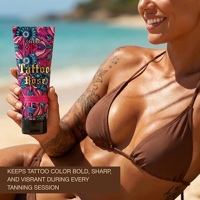 Tattoo Safe Tanning Bed Lotion - Indoor Dark Tanning Accelerator with Fade Protection | Tattoo Color Enhancer & Hydrating Skin Formula (Rose 8.5 Fl Oz)
