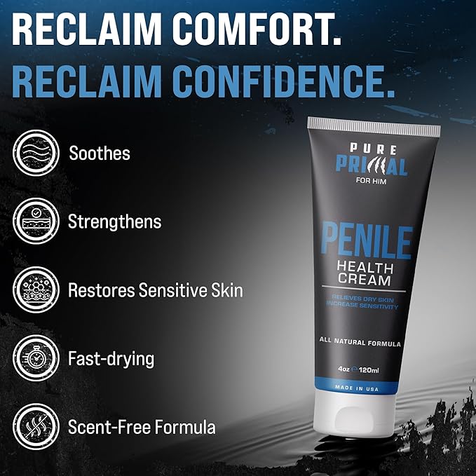 Pure Primal Penile Health Cream for Men – Fast-Absorbing Daily Moisturizer for Delicate Areas – Hydration & Comfort Support for Sensitive, Dry, or Irritated Skin – Non-Greasy, Fragrance-Free Formula