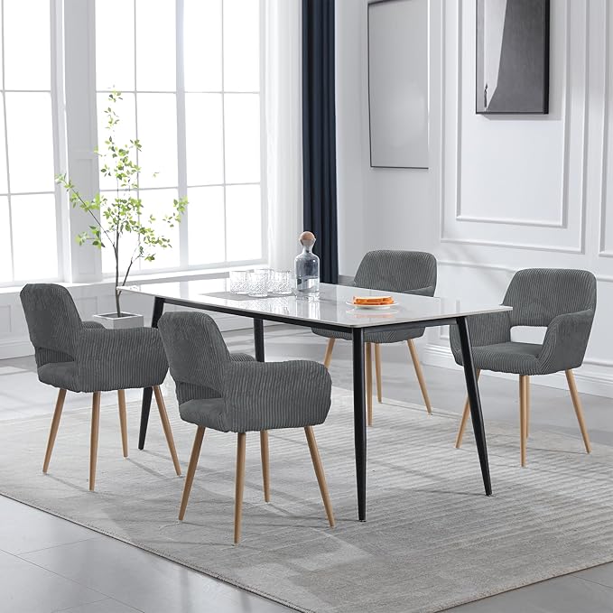 KCC Small Modern Dining Room Arm Chairs Set of 2, Mid-Century Upholstered Corduroy Fabric Side Seat Club Guest with Metal Tube Legs for Kitchen, Living Room, Gray