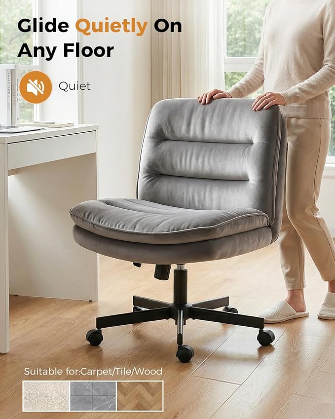 COMHOMA Criss Cross Office Chair with Wheels Armless Desk Chair Comfy, Modern Vanity Chair for Home Bedroom, Comfortable Wide Seat for Lower Back Pain Relief, Soft Velvet, Gray
