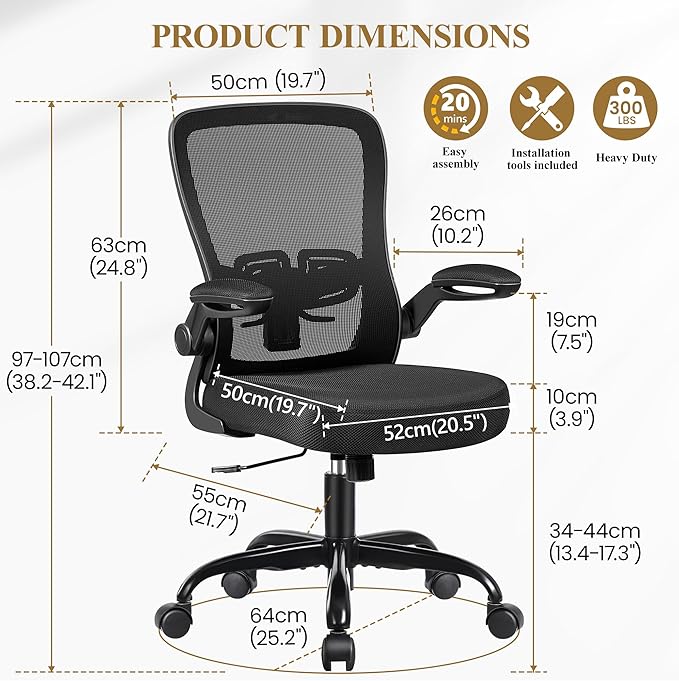 Office Chair with 90° Flip-Up Armrests, Silent 360° Swivel Casters, Adjustable Height & Tilt for Small Home Offices and Conference Rooms