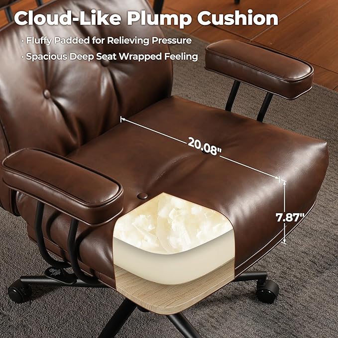 ovios Ergonomic Office Chair, High Back Faux Leather Executive Chairs with Thick Cushion, Comfy Mid-Century Modern Swivel Rolling Computer Armchair (Dark Brown, PU Leather)