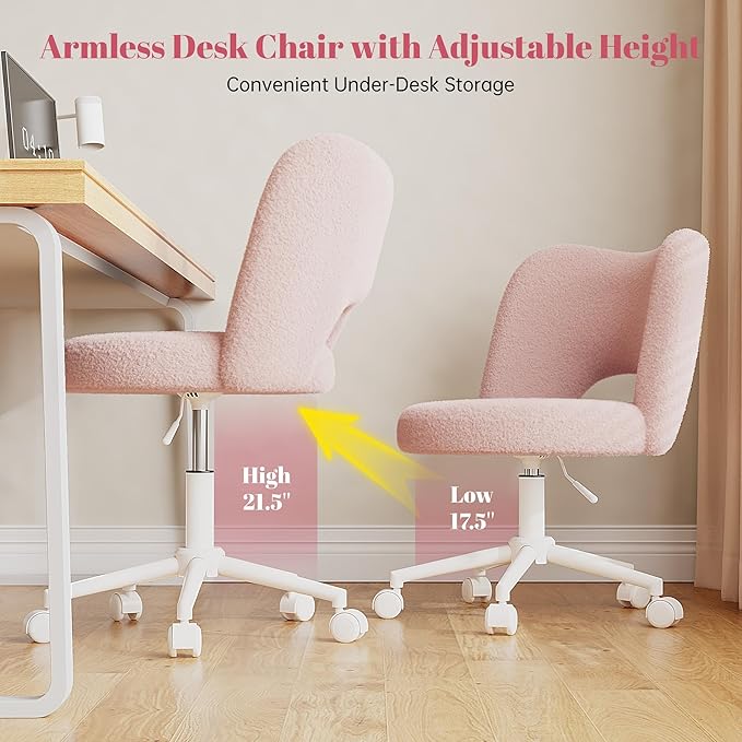 Vanity Chair with Wheels Pink,Cute Vanity Chair with Back,Ultra-Plush Fleece Cute Desk Chair, Small Office Chair Height Adjustable,for Make-up Room,Bedroom