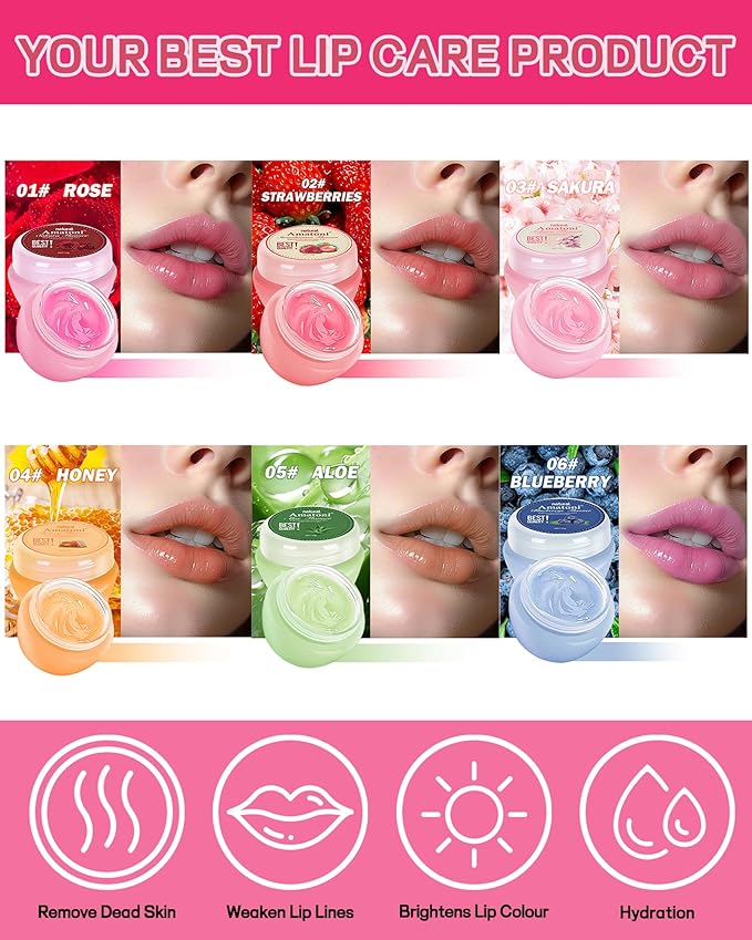 Lip Sleeping Mask Set-6 Pcs Lip Balm Hydrating Lip Mask Overnight Lip Treatment Care For Dry Cracked Lips,Day &Night Moisturize &Nourish Korean Lip Gloss For Women Improve Lip Color With Shea Butter