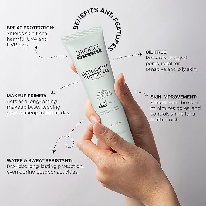 Ultralight SunCream(SPF 40) - 50 mL - 100% Mineral, Oil-Free Broad Spectrum Sunscreen - Smooths Skin’s Appearance, Minimizes Pores & Controls Shine - Water & Sweat Resistant