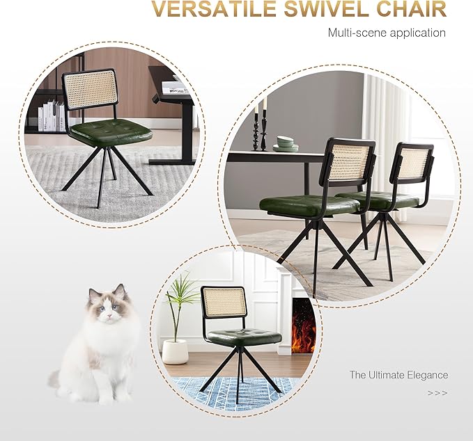 Zesthouse Rattan Desk Chair No Wheels, Mid Century Modern Home Office Chair with Cane Mesh & Wooden Back, Vintage Faux Leather Swivel Accent Chair, Upholstered Armless Computer Task Chair,Green