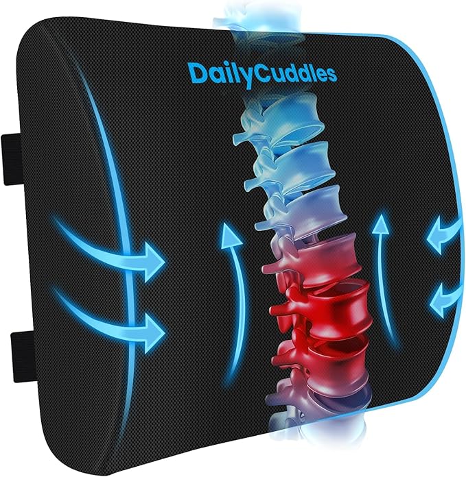 Lumbar Support Pillow for Office Chair Back Support - Memory Foam Lumbar Pillow for Car or Gaming Chair, Ergonomic Back Cushion with Adjustable Strap for Long-Hour Sitting (Black)