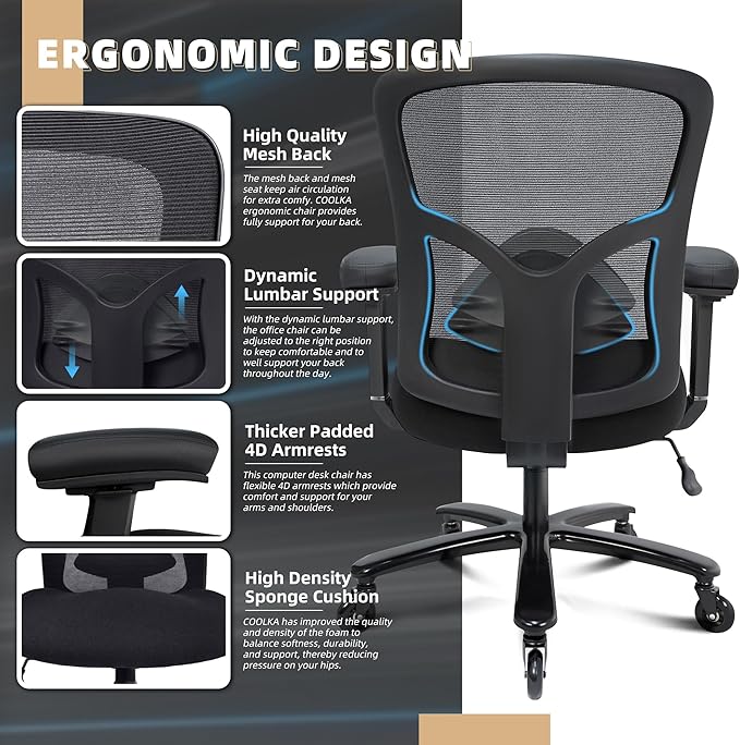 500LBS Big and Tall Office Chair with 4D Armrests & Adjustable Backrest, Heavy Duty Office Chair for Heavy People, Memory Foam Seat Filling Springs, Black