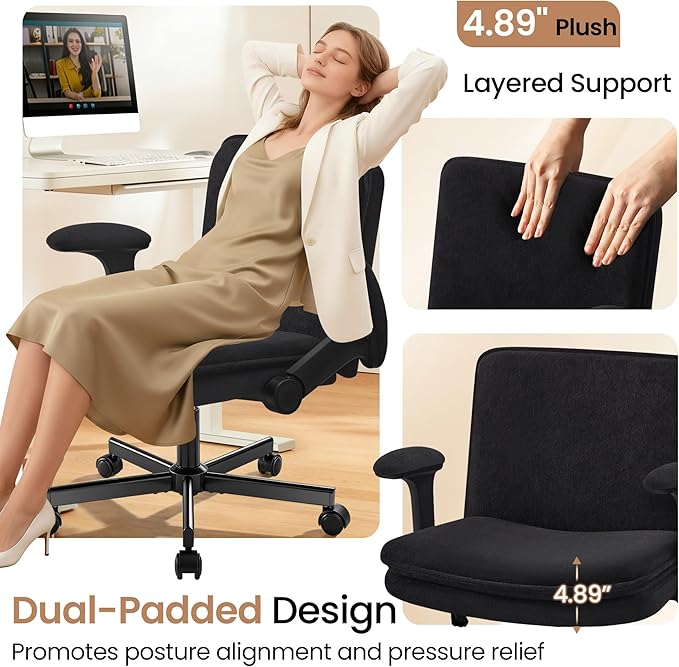 Criss Cross Office Chair with Wheels - Wide Seat Criss Cross Desk Chair with Flip-up Arms and Thick Cushion - Comfy Tilting Swivel Rolling Vanity Chair for Home Office Bedroom Apartment
