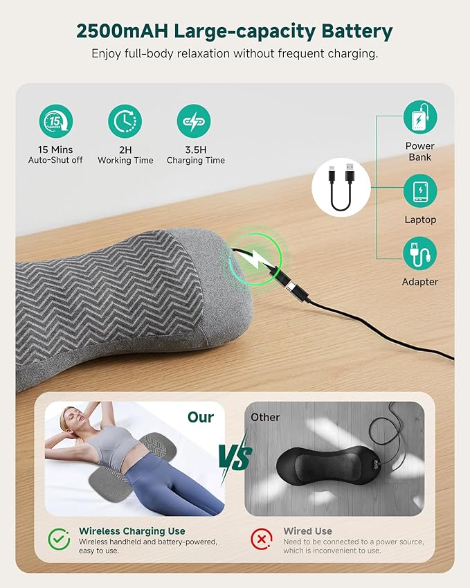 3-in-1 Rechargeable Electric Lumbar Support Pillow, Triple Support Air Lift Back Massager with Heat & Vibration, Adjustable Height Wide Waist Cushion for Bed & Chair, Smooth Spine Comfort Design