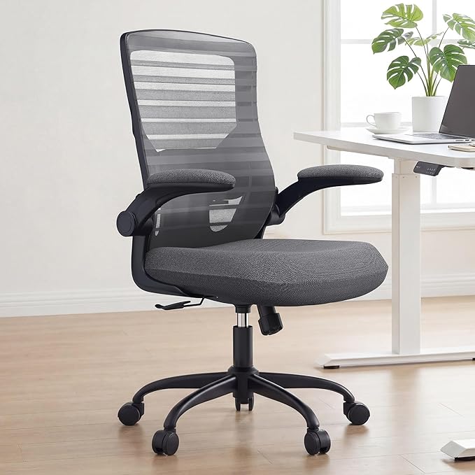 Office Desk Chair for Long Hours & Lower Back Pain Relief – 4“ Thick Molded Foam Cushion, Enhanced Lumbar Support, Padded Flip-up Armrests, Ideal for Office or Study, Dark Gray