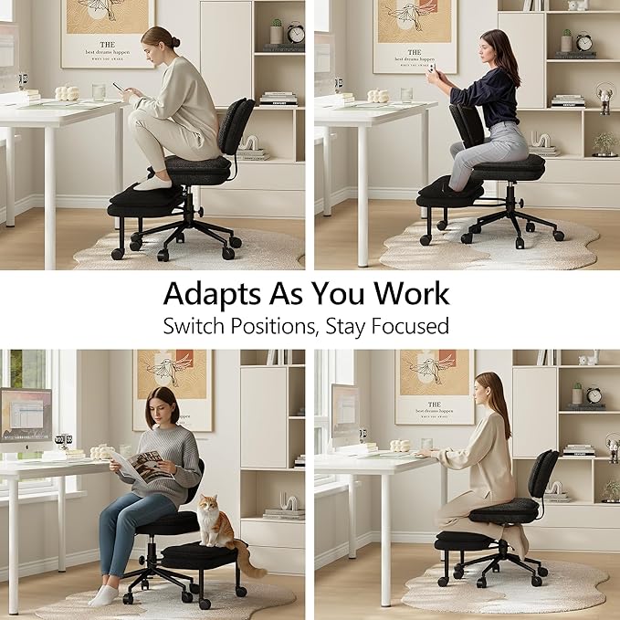 AODAILIHB Ergonomic Cross Legged Office Chair with Pull-Out Stool, 360° Swivel Teddy Fabric Meditation Chair with Wheels, Height Adjustable Kneeling Chair with Lumbar Support for Home Office, Black